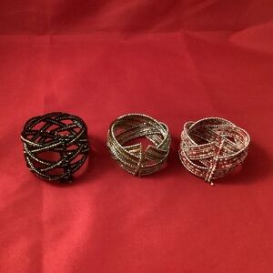 Elegant Beaded Bracelet Set - Black, Silver, and Red